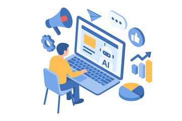 Fototapete - Person using laptop to interact with AI technology in a modern workspace environment