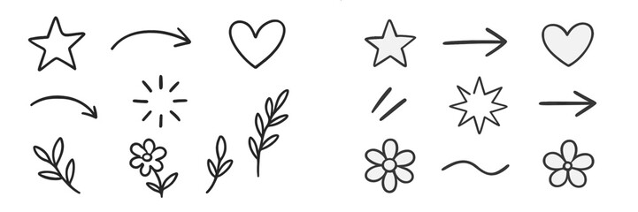 Aufkleber - Collection of hand-drawn doodles featuring stars, hearts, flowers, and decorative arrows in a playful design