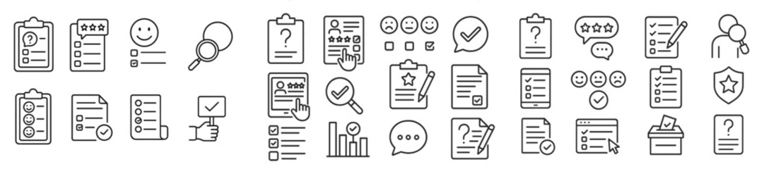 Leinwandbilder - Line art collection of various icons depicting feedback forms, checklists, and rating systems in a simple, clear style