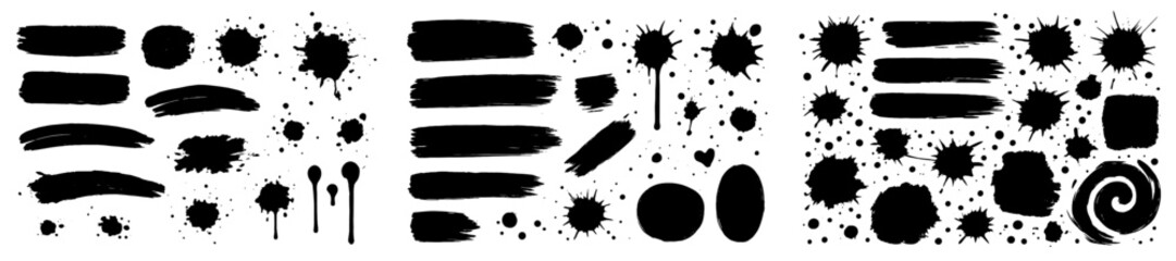 Poster - Collection of abstract black paint strokes and splatters on a white background showcasing diverse artistic elements