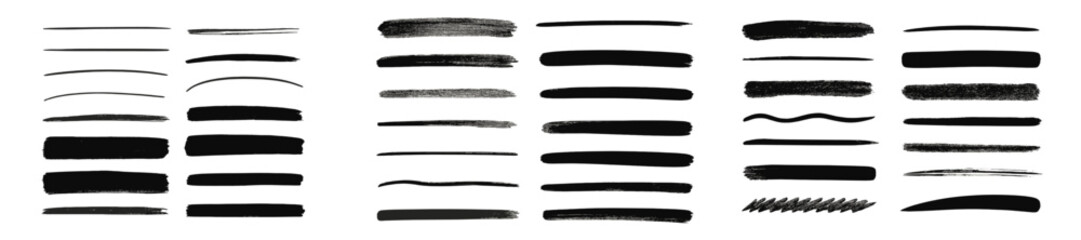 Aufkleber - Various brush stroke patterns created with black ink on white background for artistic design