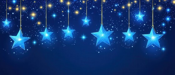Wall Mural - festive blue stars hanging against a dark blue starry background creating a magical holiday atmosphe