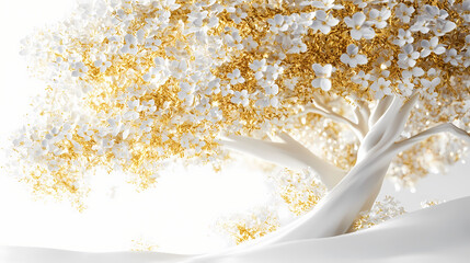 Wall Mural - 3d wallpaper featuring a white tree with golden flowers, set against a white background. [Fractal Eden] | Golden Petals | divine order. Illustration