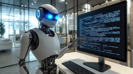robot programmer working on code