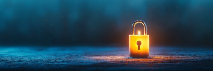 illuminated security: a glowing padlock - glowing padlock on dark blue surface, symbolizing security