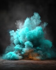 Wall Mural - ethereal teal smoke explosion against dark backdrop creates a dramatic and captivating visual effect