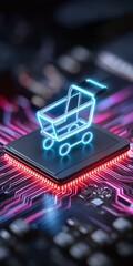 A computer chip with a shopping cart on it. The shopping cart is glowing in neon colors. The image conveys a futuristic and technological atmosphere