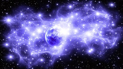planet earth in a vibrant nebula, cosmic background, space exploration, science fiction artwork
