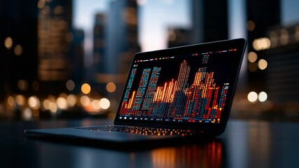 Modern laptop with stock market analysis software on screen in cityscape background during twilight hours