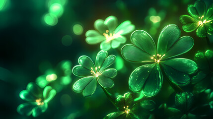 Wall Mural - abstract glowing green shamrocks on dark background - st. patrick's day themed digital art for stock