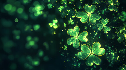 Wall Mural - abstract glowing green shamrocks on dark background - st. patrick's day themed digital art for stock
