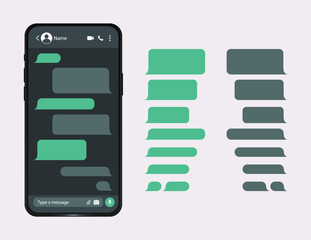 mockup of messenger chat in mobile phone. template of smartphone and empty talk speech bubble icon. 