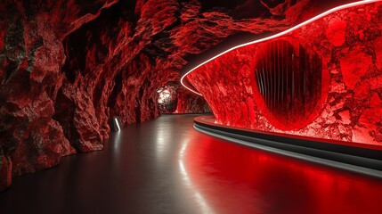 Red illuminated cave tunnel modern architecture interior design way rock wall dark path glow line
