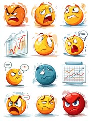 Poster - Angry Emoji Icons Expressing Frustration About Trade Graphs in Colorful Speech Bubbles During a Financial Discussion Generative AI