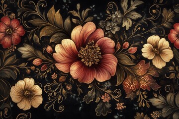Poster - Intricate floral design with orange petals and dark leaves, showcasing craftsmanship and artistic detail