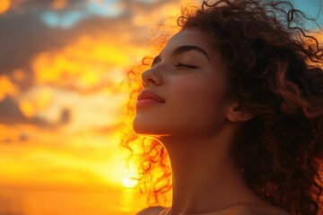 Fototapete - Sunset serenity as a young woman enjoys nature in a golden field during the evening hours, embracing the warmth of the sun and tranquility of the moment