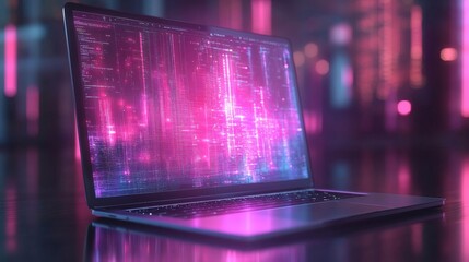 Modern laptop displaying complex code, set against a neon illuminated environment creating a technological atmosphere on a transparent background, PNG image, PNG file.