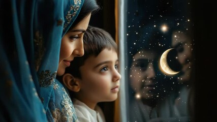 Wall Mural - a mother and her child looking out at the night sky, observing the beauty of the full moon