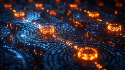 Wall Mural - glowing, intricate, circular circuit board design