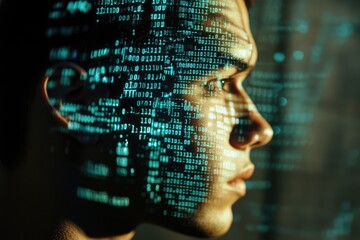 a man's face with digital code overlaid, representing the integration of technology and human identi