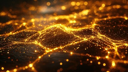 Wall Mural - golden shimmering network with glowing nodes and wave effect