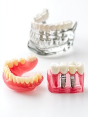 Aufkleber - Comparison of Bridge, Denture, and Implant Models Highlighting Dental Solutions for Tooth Replacement on a White Background Generative AI