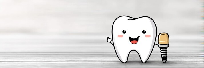 Leinwandbilder - Cartoon Tooth Character With a Friendly Smile Holds a Tiny Dental Implant in a Cheerful Setting Generative AI