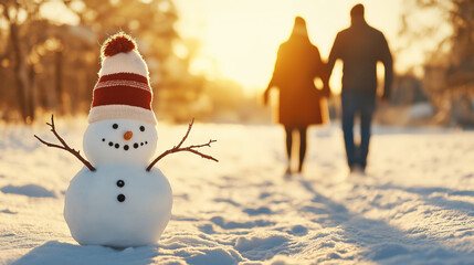 Wall Mural - snowman melting in the sun with a blurred couple walking away in a snowy park during sunset or sunri