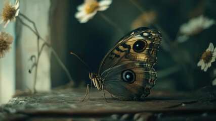 Fototapete - A close-up shot of a butterfly perched on a table surface