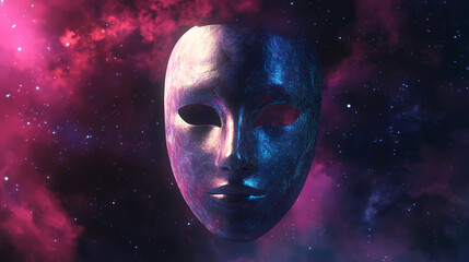 Wall Mural - conceptual depiction of holographic mask floating in abstract space symbolizing duality of acting. [