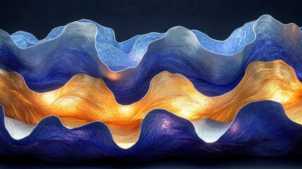 Wall Mural - layered, wavy textures, blue and gold colors