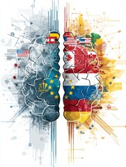 Poster - AI Brain Models Divided Into Competing Halves Displaying Various Country Logos and Symbols in a Vibrant Design Generative AI