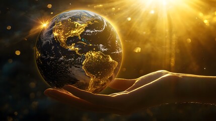 hand holding earth with sunlight: a hand holding the earth delicately, with sunlight shining from be