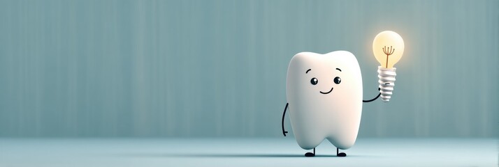Leinwandbilder - Cartoon Tooth Character With a Smile Holds a Tiny Dental Implant in a Bright and Cheerful Setting Generative AI