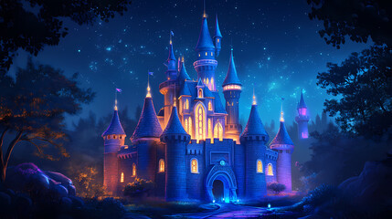 Wall Mural - Enchanting fairy tale castle in a glowing twilight sky, dreamy fantasy illustration. [Neon Folklore] | Radiant Fables | glowing tales. Illustration