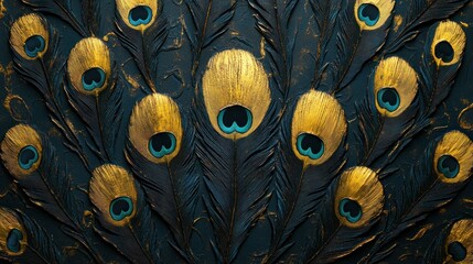 Peacock feathers, dark teal and gold, intricate pattern