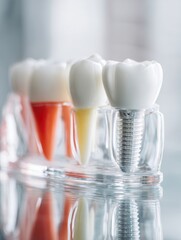 Aufkleber - Close-up of a Clean White Dental Implant Adjacent to a Natural Tooth in a Transparent Gum Model Generative AI