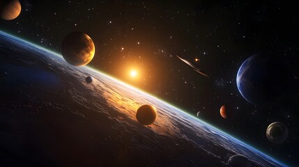 solar system with aurora borealis: the solar system as viewed from earth’s orbit, with the aurora bo