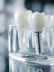 Aufkleber - Close View of a Clean White Dental Implant Positioned Beside a Natural Tooth in a Clear Gum Model Showcasing Dental Technology Generative AI
