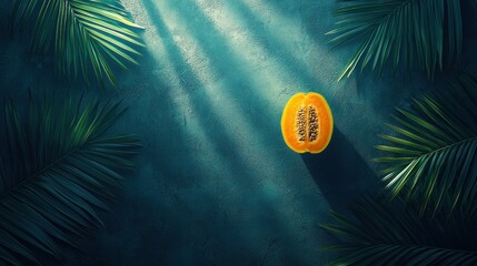 Wall Mural - tropical fruit framed by palm leaves, sunlit background