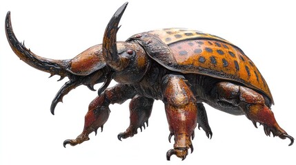 Wall Mural - closeup detailed photograph of a colorful textured beetle with a pronounced horned exoskeleton and c