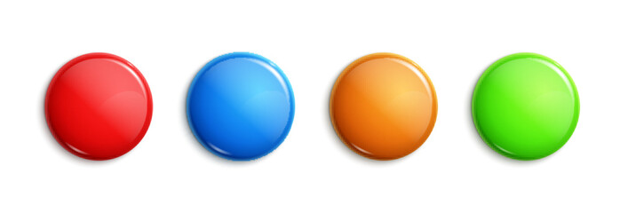 set of four glossy colorful round buttons in red, blue, orange, and green on white background for in