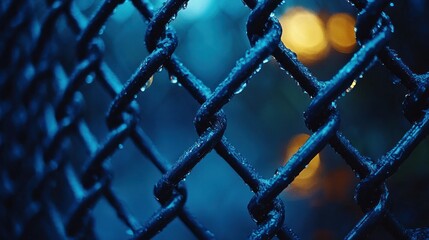 Wet chainlink fence with blue and yellow bokeh background