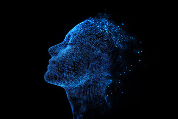 Artificial intelligence, a data stream of code and a digital human head in blue color on a black background