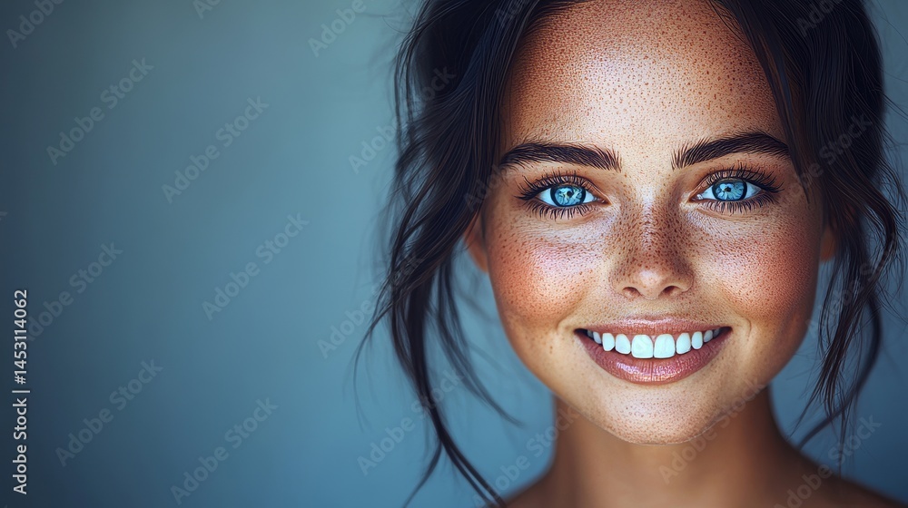 The portrait shows a pretty woman with dark hair and blue eyes, who has ...