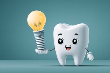 Poster - Cheerful Cartoon Tooth Character Holds Tiny Light Bulb Implant With Joyful Expression and Playful Demeanor Generative AI