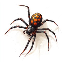 Wall Mural - Closeup of a colorful venomous spider with a black and orange patterned body crawling on a natural autumn background  The spider appears in a defensive aggressive posture with its legs extended