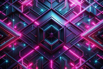 Wall Mural - abstract black pink geometric 3d neon glowing lines drone aerial view
