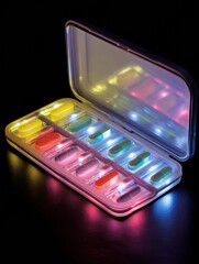 Poster - Bright Illuminated Pill Pack With Taken Slots Showcasing a Variety of Colored Capsules in a Dark Setting Generative AI