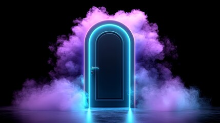 Aufkleber - Door is lit up with neon lights and surrounded by purple smoke. The door is open, revealing a dark room. Scene is mysterious and eerie, as the door seems to be inviting the viewer to enter
